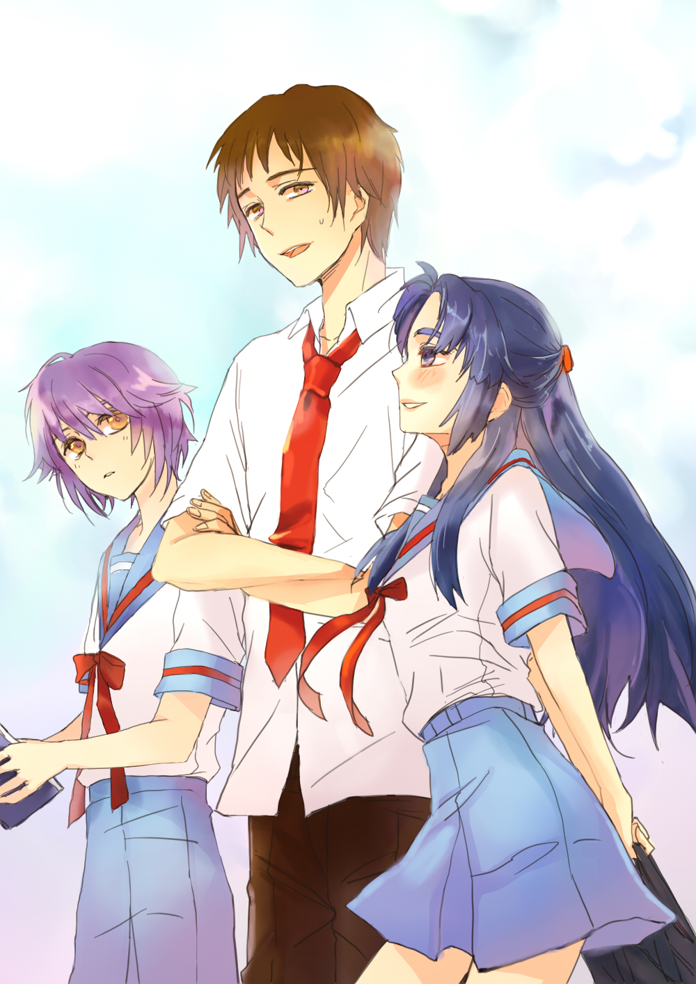 asakura_ryouko, bad_id, blue_eyes, blue_hair, brown_eyes, brown_hair, highres, kyon