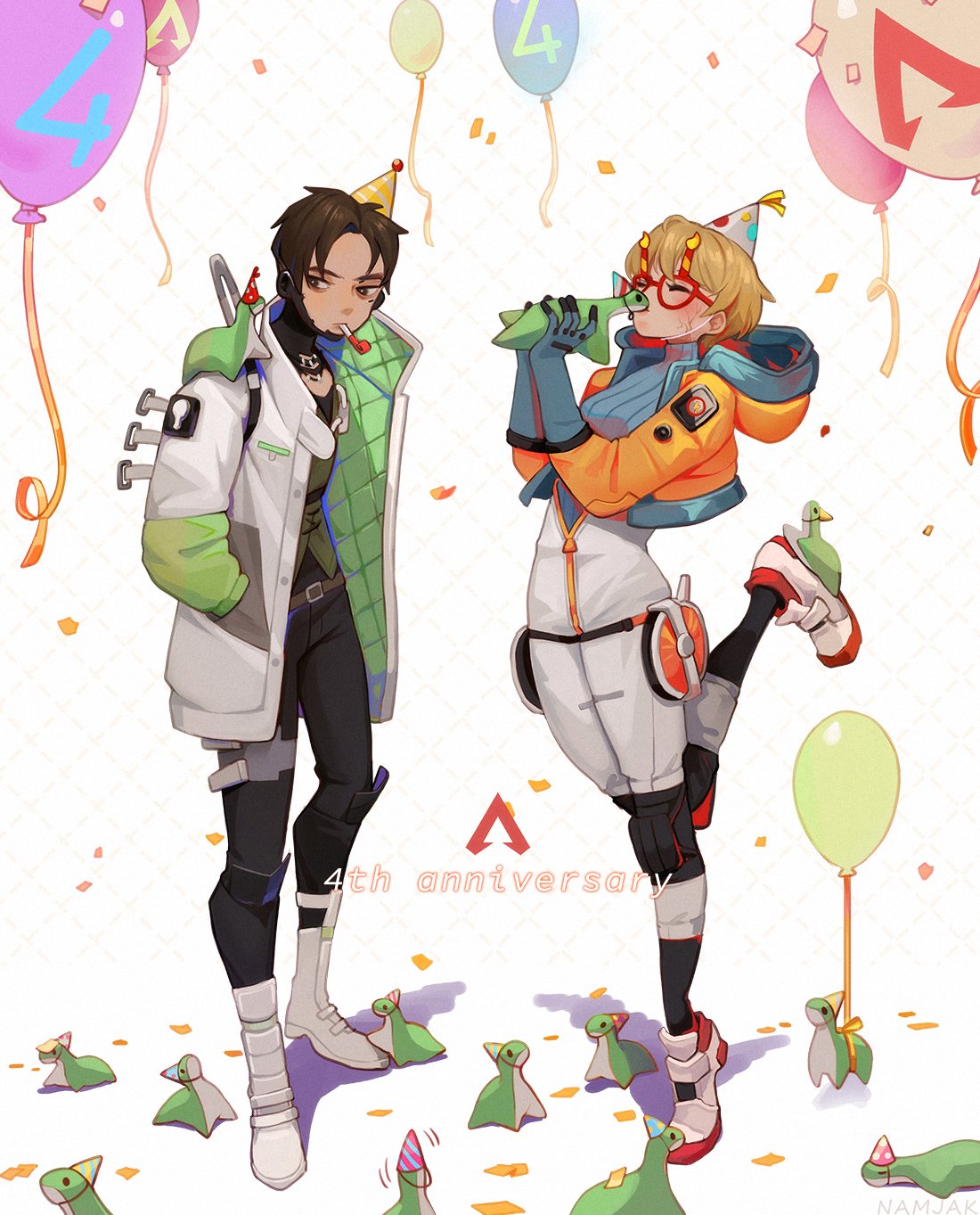 1boy, 1girl, anniversary, apex_legends, balloon, belt, black_pants, black_shirt