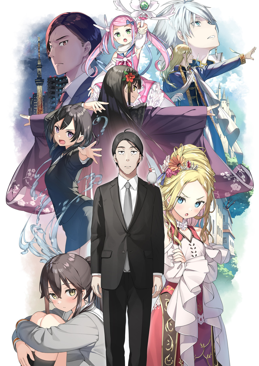 4boys, 5girls, absurdres, akutsu_(sasaki_to_p-chan), animal_on_shoulder, bird, bird_on_shoulder, black_hair