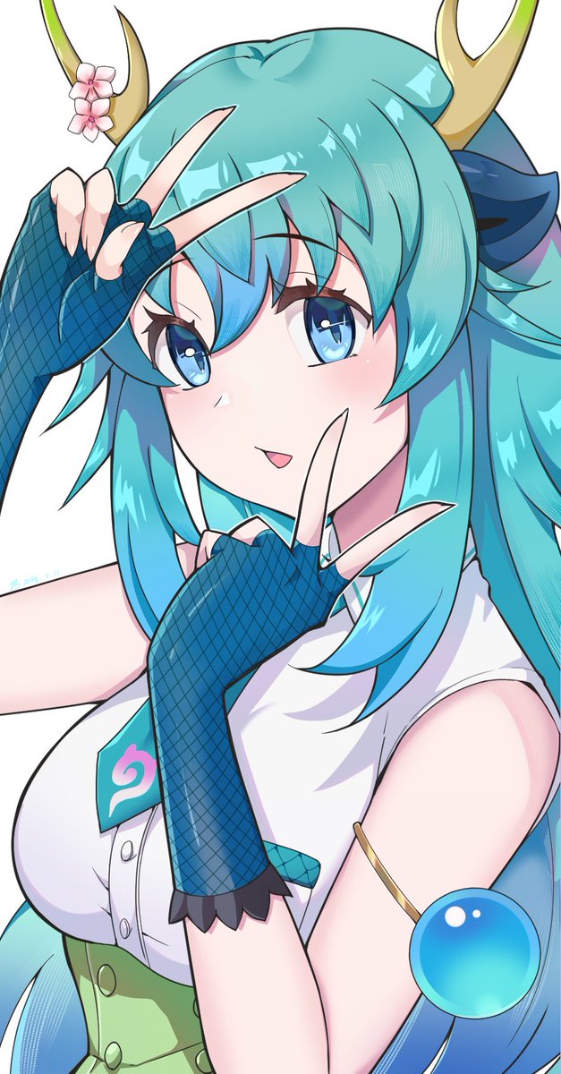 1girl, bare_shoulders, blue_dragon_(kemono_friends), blue_eyes, blue_gloves, blue_hair, blue_necktie, blush, cherry_blossoms, collared_shirt, double_v, dragon_ears, dragon_girl, dragon_horns, fingerless_gloves, fishnet_gloves, fishnets, gloves, green_skirt, hair_between_eyes, high-waist_skirt, highres, horns, kemono_friends, kemono_friends_3, long_hair, looking_at_viewer, natuki_takumi, necktie, shirt, sidelocks, skirt, sleeveless, solo, v, white_shirt