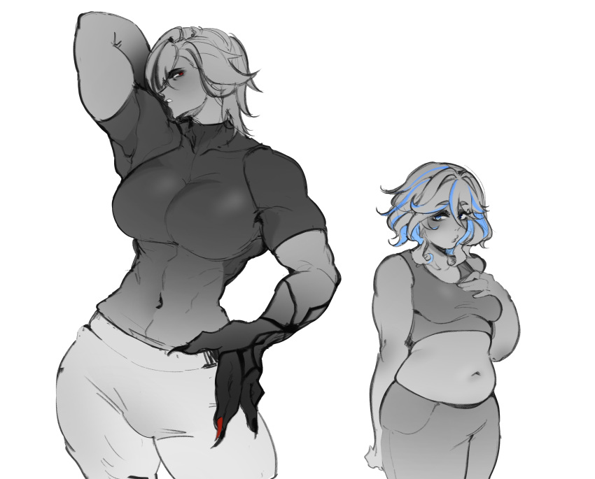 absurdres, alternate_body_size, alternate_muscle_size, arlecchino_(genshin_impact), biceps, black_hands, black_skin, blue_hair