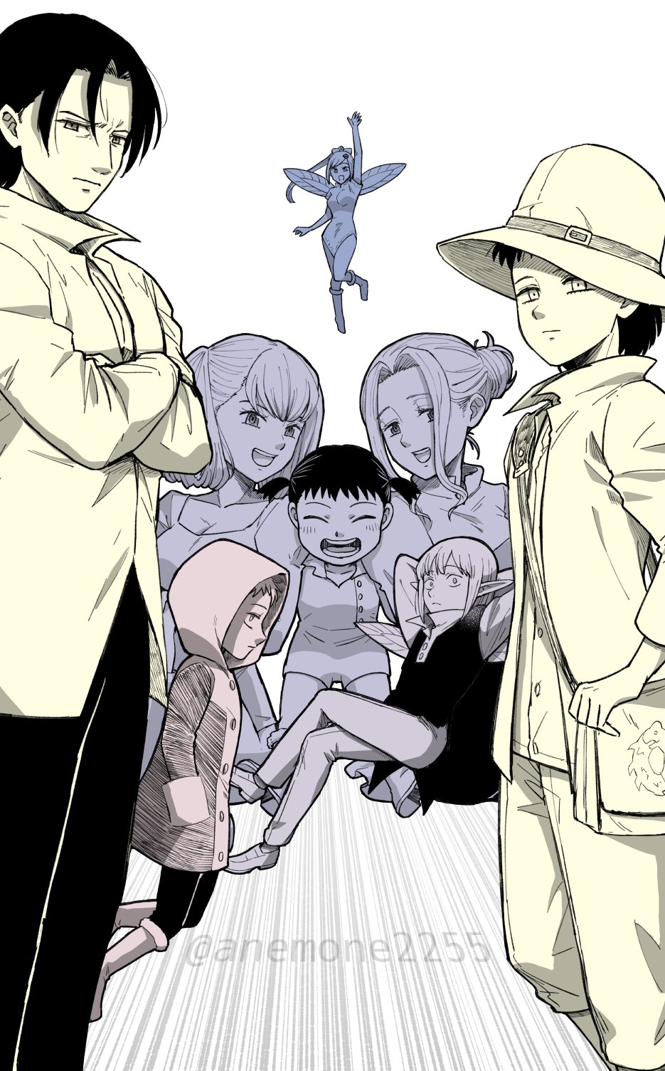 2others, 3boys, 3girls, anemone2255, belte_(molushiroku_no_yonkishi), brother_and_sister, brothers, crossed_arms, emphasis_lines, fairy_wings, hair_bun, highres, long_hair, mertyl_(mokushiroku_no_yonkishi), mokushiroku_no_yonkishi, multiple_boys, multiple_girls, multiple_others, muscular, muscular_male, nanatsu_no_taizai, nasiens, phao_(mokushiroku_no_yonkishi), ponytail, siblings, single_hair_bun, sisters, sixtus, tioreh, twintails, twitter_username, wings, zana_(mokushiroku_no_yonkishi), zilian_(mokushiroku_no_yonkishi)