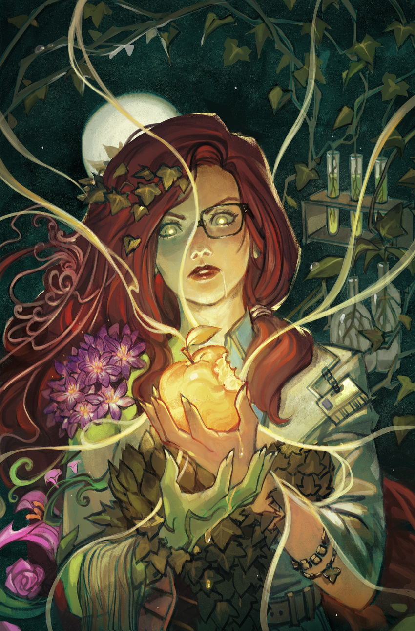 1girl, anireal, apple, coat, colored_skin, dc_comics, dual_persona, flower