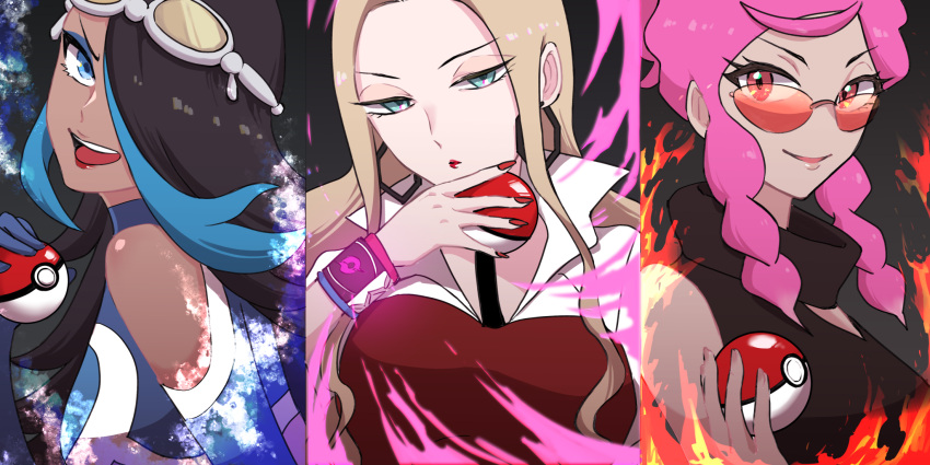 3girls, :d, bare_shoulders, black_hair, blonde_hair, blue_eyes, blue_eyeshadow, blue_hair