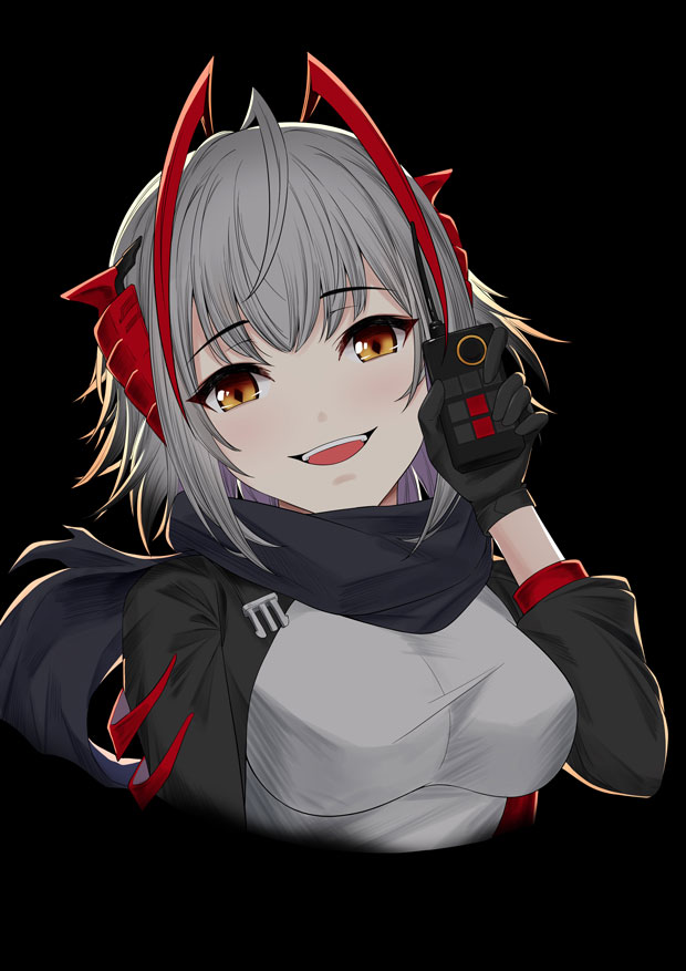 1girl, antenna_hair, antennae, arknights, black_background, black_gloves, black_jacket, black_scarf