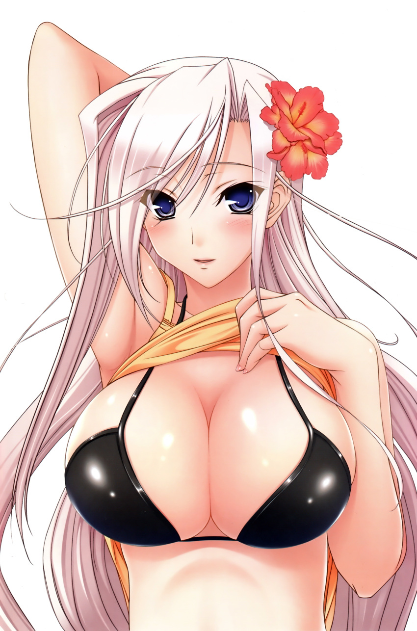 bikini_top, blue_eyes, breasts, bust, charlotte_hazellink, cleavage, flower, hair_flower, hair_ornament, hibiscus, highres, komori_kei, large_breasts, long_hair, princess_lover, shirt_lift, solo
