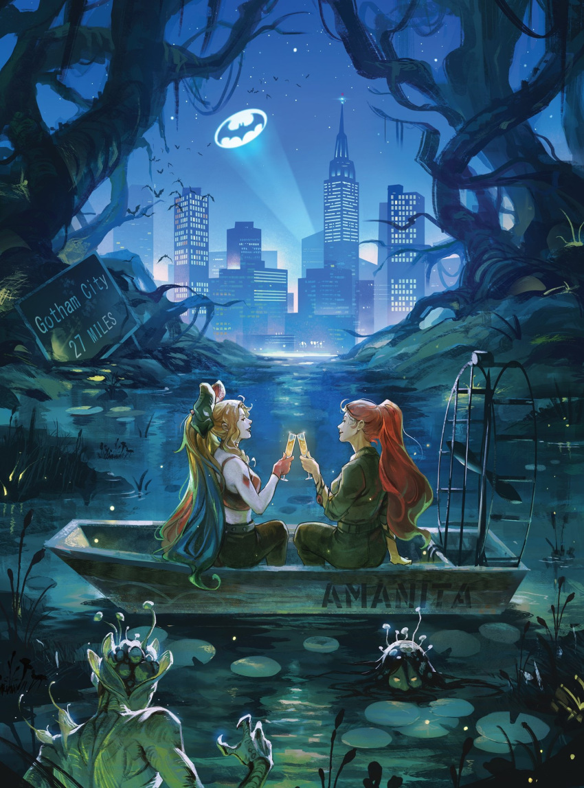 2girls, 2others, anireal, bare_shoulders, bat_signal, batman_(series), black_pants, blank_eyes