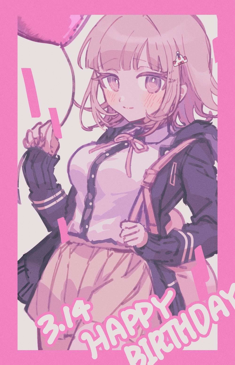 1girl, balloon, black_jacket, blush, danganronpa_(series), danganronpa_2:_goodbye_despair, dated, flipped_hair