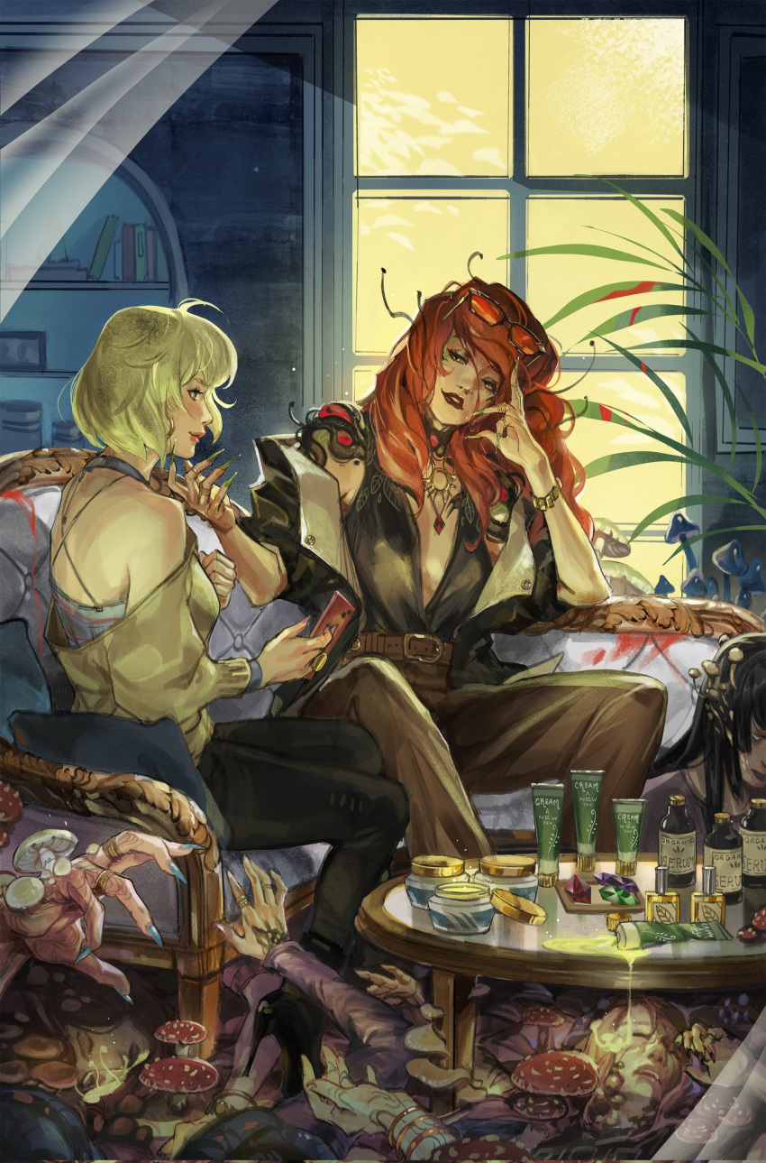 4girls, anireal, bare_shoulders, batman_(series), belt, black_footwear, black_jacket, black_pants, black_shirt, blue_eyes, blue_nails, brown_belt, brown_pants, cellphone, chair, corpse, cosmetics, dc_comics, eyewear_on_head, fingernails, green_nails, hand_on_another's_chin, hand_on_own_cheek, hand_on_own_face, high_heels, highres, holding, holding_phone, indoors, jacket, jewelry, long_fingernails, long_hair, looking_at_another, multiple_girls, mushroom, necklace, off_shoulder, on_chair, open_clothes, open_jacket, pants, phone, poison_ivy, red-tinted_eyewear, shirt, short_hair, sitting, sleeveless, sleeveless_shirt, smartphone, table, tinted_eyewear, window