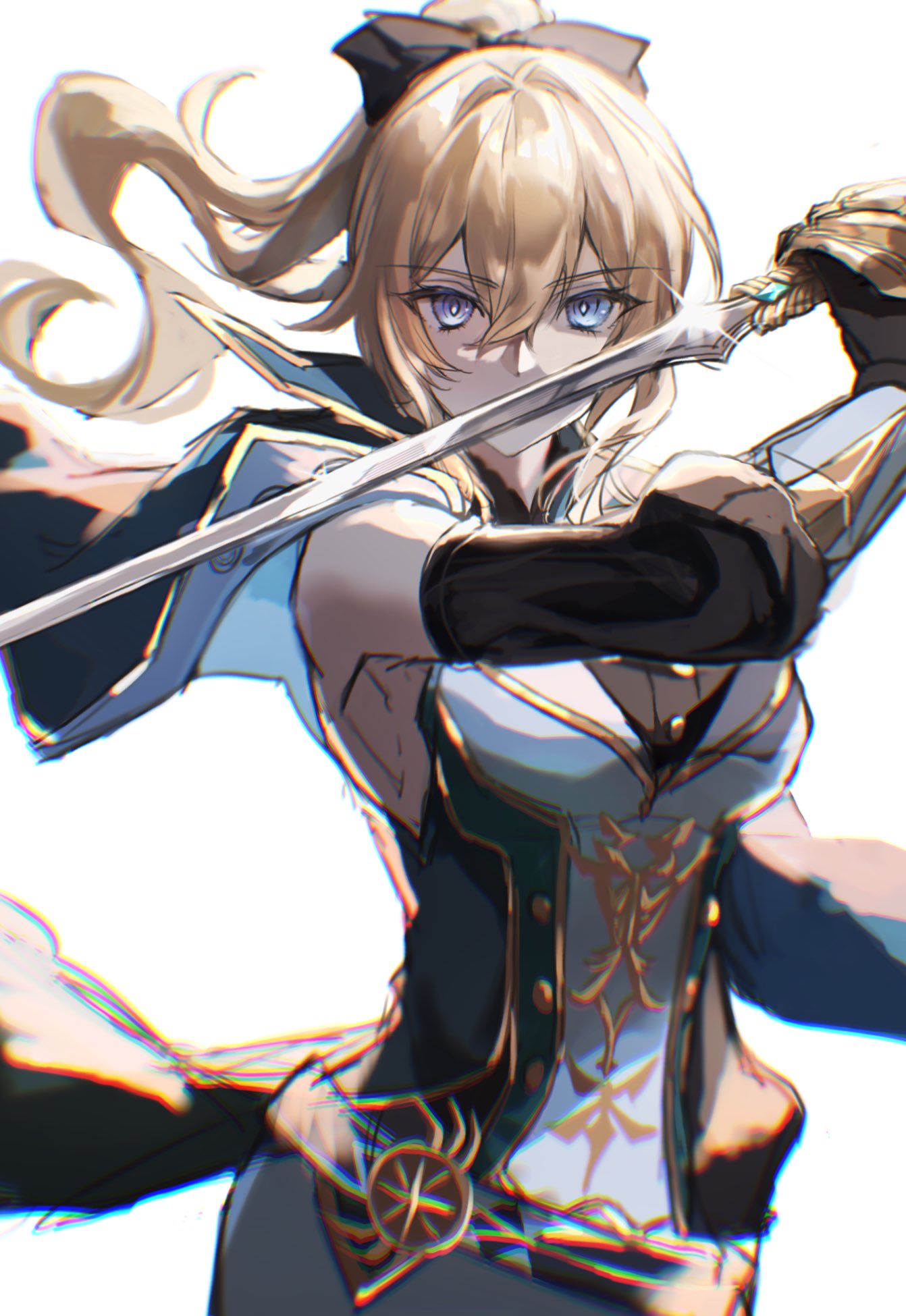 1girl, aquila_favonia_(genshin_impact), blonde_hair, blue_eyes, bow, cape, commentary_request, covered_mouth, detached_sleeves, floating_hair, gauntlets, genshin_impact, hair_between_eyes, hair_bow, highres, holding, holding_sword, holding_weapon, jean_(genshin_impact), jean_(gunnhildr's_legacy)_(genshin_impact), long_hair, looking_at_viewer, official_alternate_costume, pants, ponytail, situki, sketch, solo, sword, weapon, white_background, white_pants