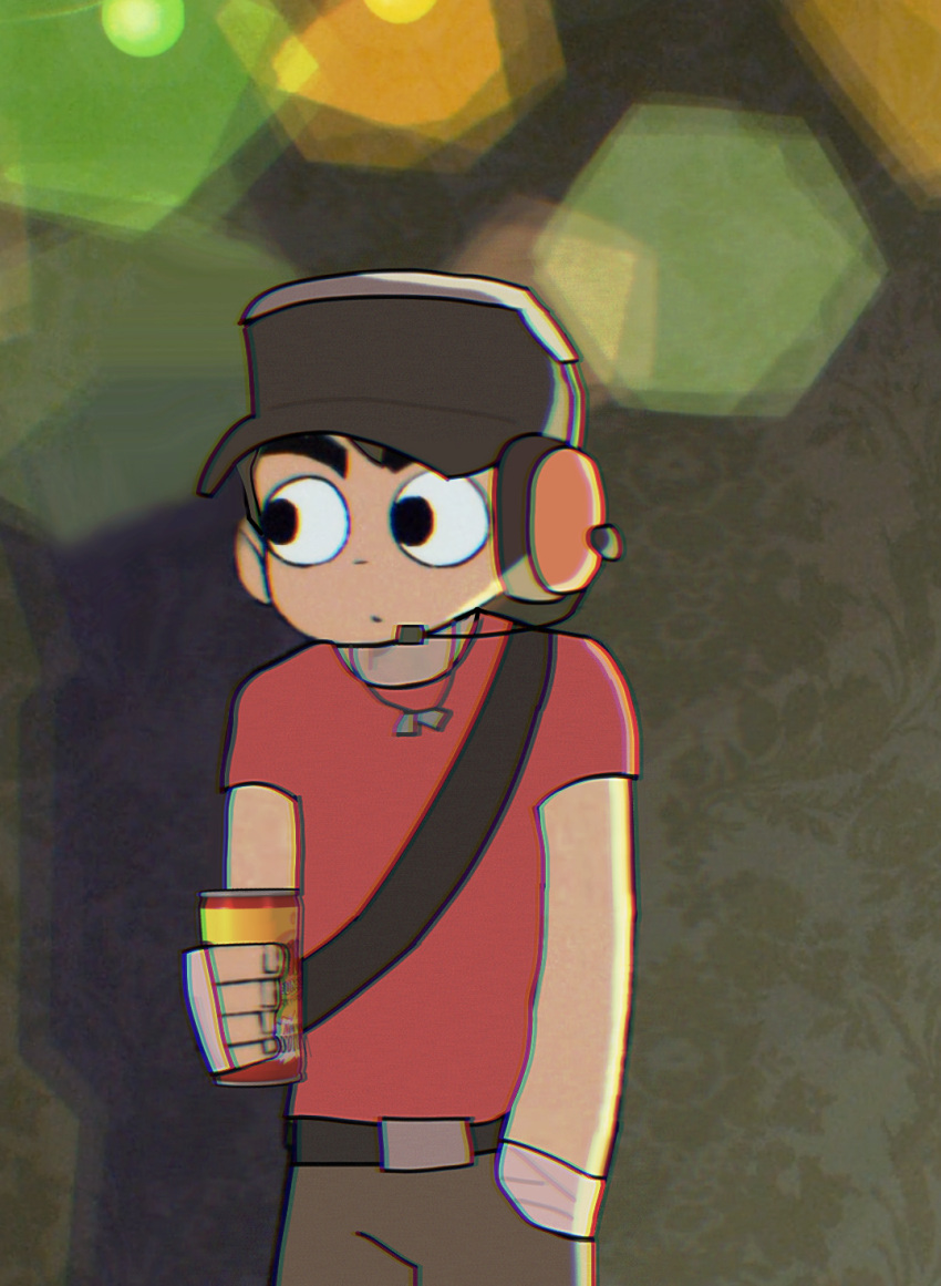 1boy, anxious, black_headwear, bonk, bonk_punch, crossbody_bag, dog_tags, fanny_pack, hand_wraps, headset, highres, non-web_source, red_scout_(tf2), scene_reference, scott_pilgrim, scott_pilgrim_(series), scott_pilgrim_takes_off, scout, scout_(tf2), screenshot, team_fortress_2