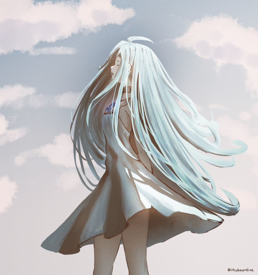 1girl, absurdly_long_hair, absurdres, arms_behind_back, blue_hair, choker, closed_eyes, clouds