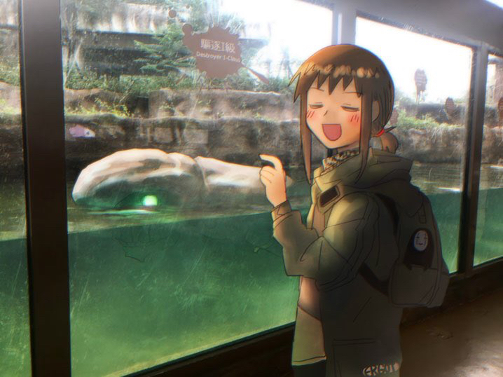 1girl, abyssal_ship, alternate_costume, aquarium, artist_name, backpack, bag, black_hair