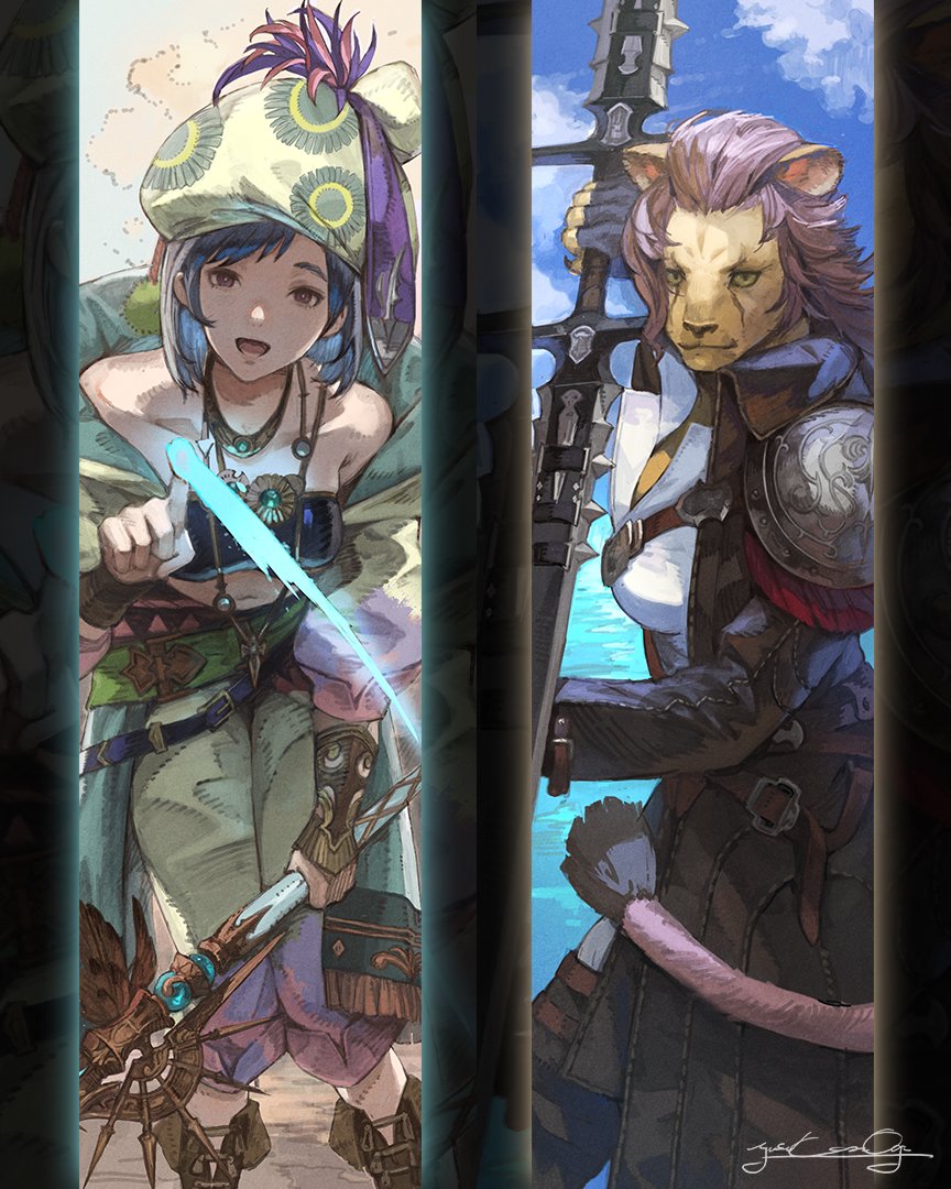 2girls, animal_ears, brown_hair, coat, commentary, english_commentary, final_fantasy, final_fantasy_xiv