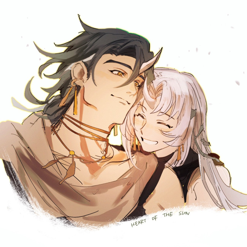 1boy, 1girl, abramelin_(granblue_fantasy), black_hair, earrings, farhana_(granblue_fantasy), granblue_fantasy, highres