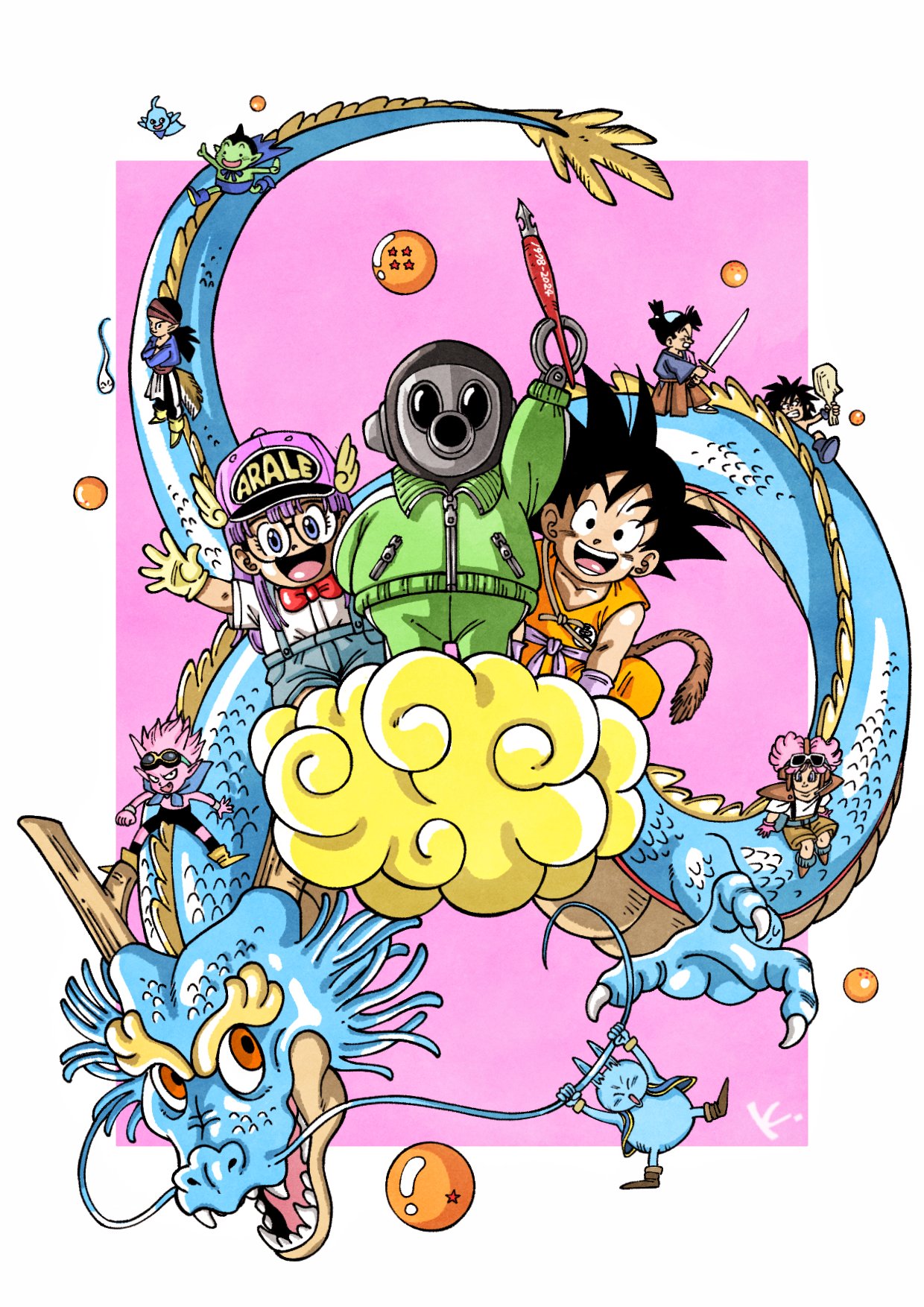 2girls, 6+boys, beelzebub_(sand_land), black_hair, character_name, character_request, colored_skin, copyright_request, cowa!, dougi, dr._slump, dragon, dragon_ball, dragon_ball_(classic), dragon_ball_(object), eastern_dragon, eyewear_on_head, flying_nimbus, glasses, green_jacket, green_pants, highres, holding, holding_club, holding_pen, holding_sword, holding_weapon, jacket, jose_(cowa!), kajika_(kajika), kajika_(manga), kakeru_(dbskakeru), katana, monkey_tail, multiple_boys, multiple_girls, neko_majin_(series), neko_majin_mix, norimaki_arale, orange_pants, orange_shirt, paifu_(cowa!), pants, pen, pink_(pink), pink_(toriyama_akira), pink_skin, purple_hair, sand_land, shenron_(dragon_ball), shirt, son_goku, spiky_hair, sword, tail, toriyama_akira_(character), weapon