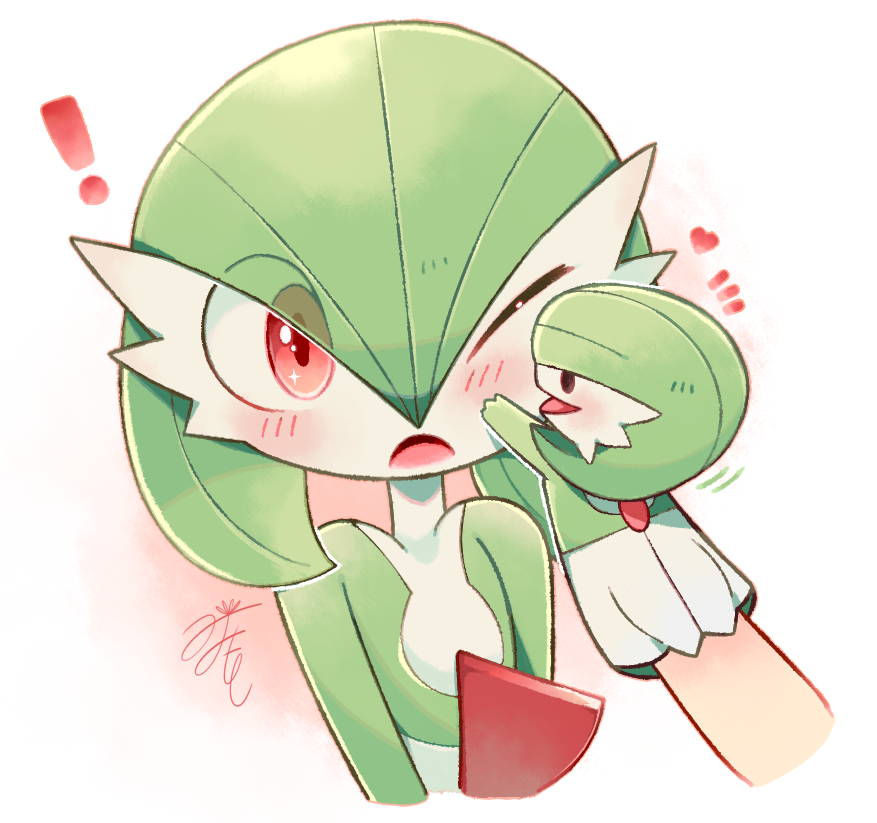 !, 1other, blush, close-up, colored_skin, gardevoir, gradient_background, green_hair, green_skin, hand_puppet, heart, lotosu, multicolored_skin, one_eye_closed, open_mouth, pokemon, pokemon_(creature), puppet, red_background, red_eyes, red_skin, signature, white_background, white_skin