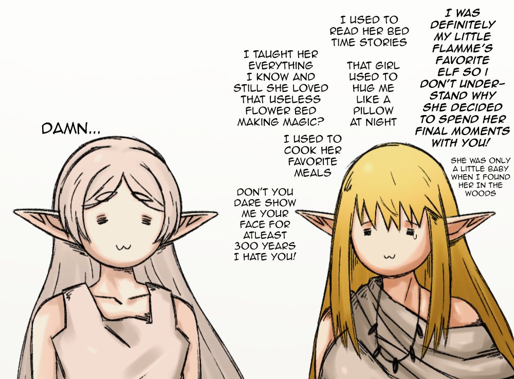 2girls, =w=_face, basedlida, blonde_hair, elf, feet_out_of_frame, frieren, jewelry