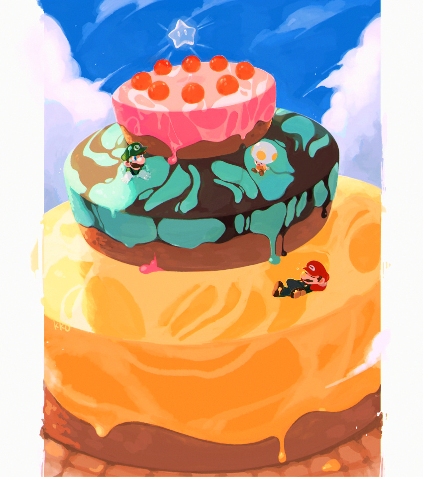 2boys, arms_behind_head, big_nose, black_eyes, blue_eyes, blue_overalls, blue_sky, brothers, brown_footwear, brown_hair, buttons, cabbie_hat, cake, cherry, closed_eyes, clouds, commentary_request, crossed_legs, day, facial_hair, food, fruit, gloves, green_headwear, green_shirt, green_sleeves, hat, highres, icing, in_food, kakao_(kakao_san9), long_sleeves, luigi, lying, mario, multiple_boys, mustache, on_back, on_food, open_mouth, outdoors, overalls, oversized_food, oversized_object, pillarboxed, red_headwear, red_shirt, red_sleeves, shirt, shoes, short_hair, siblings, sky, sleeping, smile, solid_oval_eyes, squeans, star_(symbol), super_mario_bros., vest, white_gloves, wide-eyed, yellow_toad_(mario), yellow_vest