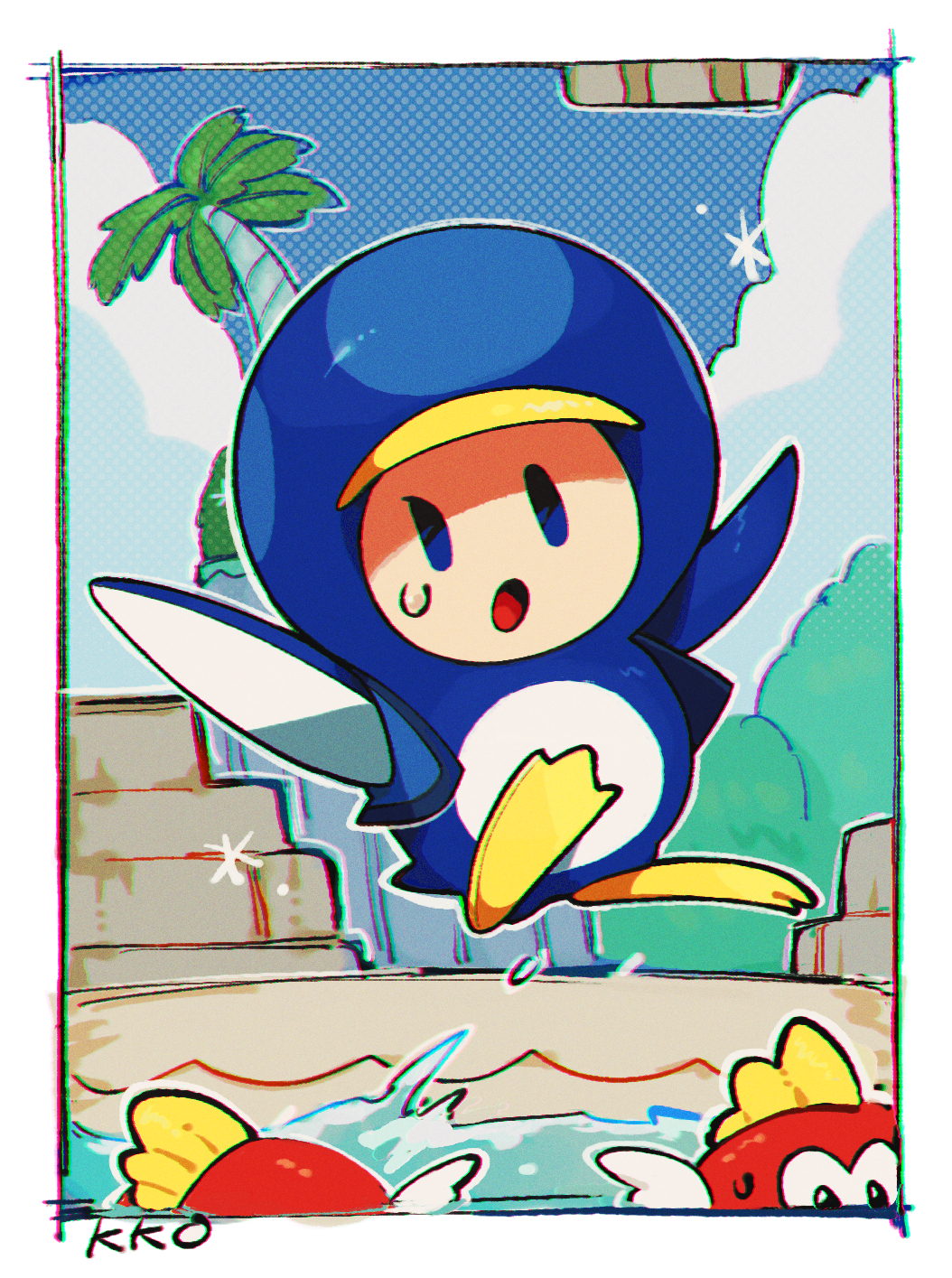:o, animal_costume, artist_name, blue_bodysuit, blue_eyes, blue_sky, blue_toad_(mario), blue_vest, bodysuit, border, cheep_cheep, clouds, day, flippers, full_body, highres, jumping, kakao_(kakao_san9), no_humans, ocean, open_clothes, open_mouth, open_vest, outdoors, outline, outstretched_arms, palm_tree, penguin_blue_toad, penguin_costume, sky, solid_oval_eyes, solo, sparkle, splashing, super_mario_bros., sweatdrop, tree, vest, white_border, white_outline