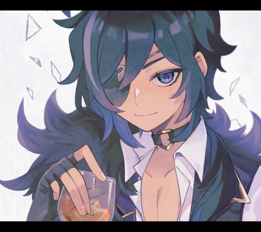 1boy, alcohol, black_choker, black_gloves, black_vest, blue_eyes, blue_hair, choker