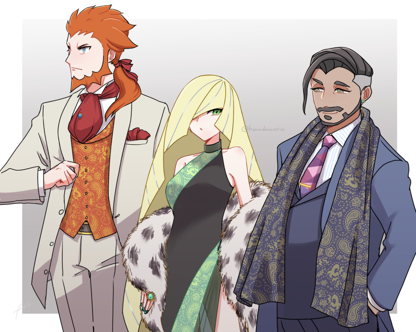 1girl, 2boys, alternate_costume, beard, blonde_hair, buttons, closed_mouth, collared_shirt, commentary_request, dress, earrings, facial_hair, fur_jacket, green_eyes, green_nails, hair_over_shoulder, hand_in_pocket, highres, honda_(honndamaria), jacket, jewelry, long_hair, lusamine_(pokemon), lysandre_(pokemon), multiple_boys, nail_polish, necktie, open_clothes, open_jacket, orange_hair, orange_vest, pants, pokemon, pokemon_sm, pokemon_swsh, pokemon_xy, ponytail, red_necktie, rose_(pokemon), scarf, shirt, short_hair, undercut, vest, white_shirt