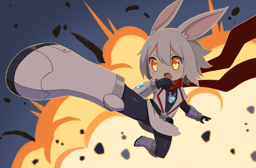 1girl, :o, animal_ears, belt, derurago, explosion, flying_kick, full_body