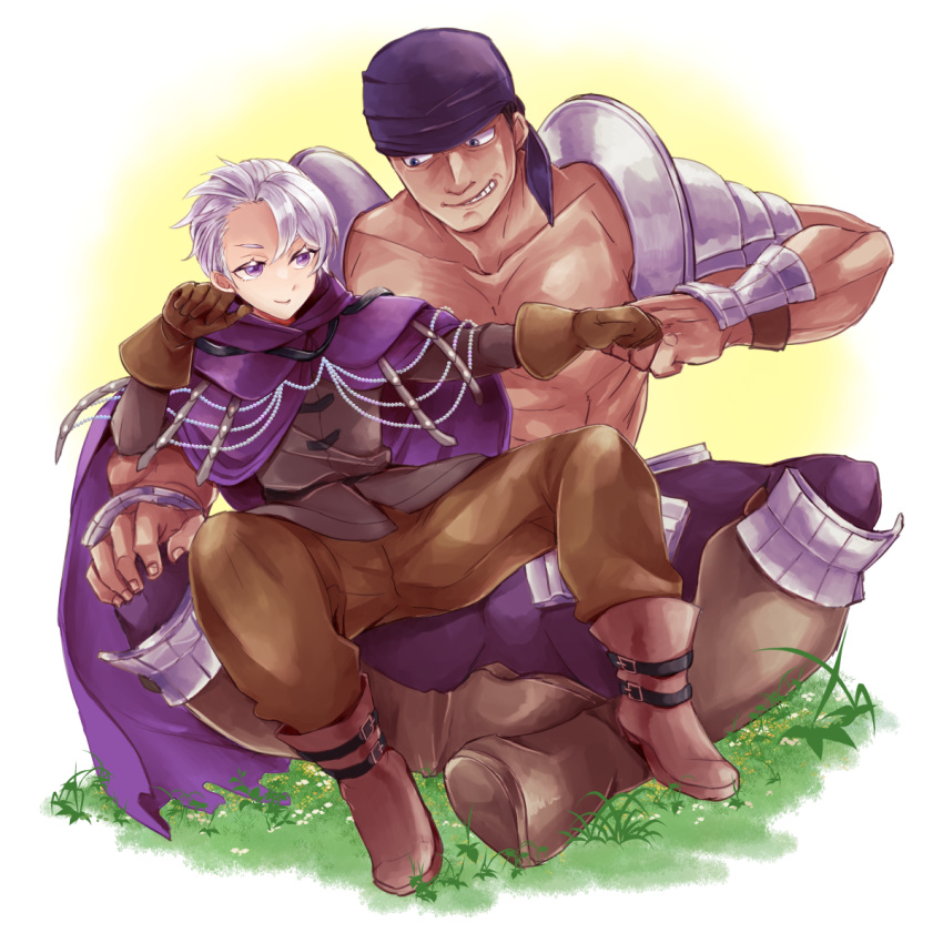 2boys, affectionate, armor, armored_boots, bishounen, boots, brown_gloves, bruno_(unicorn_overlord), cloak, colored_eyelashes, commentary_request, crossed_legs, curtained_hair, fantasy, fist_bump, full_body, gloves, grey_hair, grin, hair_slicked_back, highres, knee_boots, leaning_on_person, looking_at_another, male_focus, multiple_boys, muscular, muscular_male, on_grass, pectorals, purple_bandana, purple_cloak, short_hair, shoulder_armor, simple_background, sitting, sitting_on_lap, sitting_on_person, size_difference, sketch, smile, spread_legs, teeth, thick_eyelashes, topless_male, travis_(unicorn_overlord), two-tone_background, unicorn_overlord, violet_eyes, white_background, yellow_background, yk_(waikeee)
