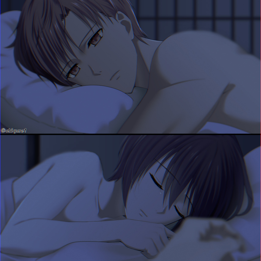 akigure1, collarbone, expressionless, fruits_basket, highres, muscular, muscular_male, non-web_source, nude, on_bed, pillow, short_hair, shouji, sleeping, sliding_doors, souma_akito, souma_kureno, tears, twitter_username