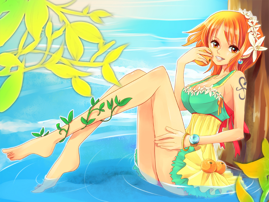 bracelet, breasts, brown_eyes, earrings, feet, flower, food, fruit