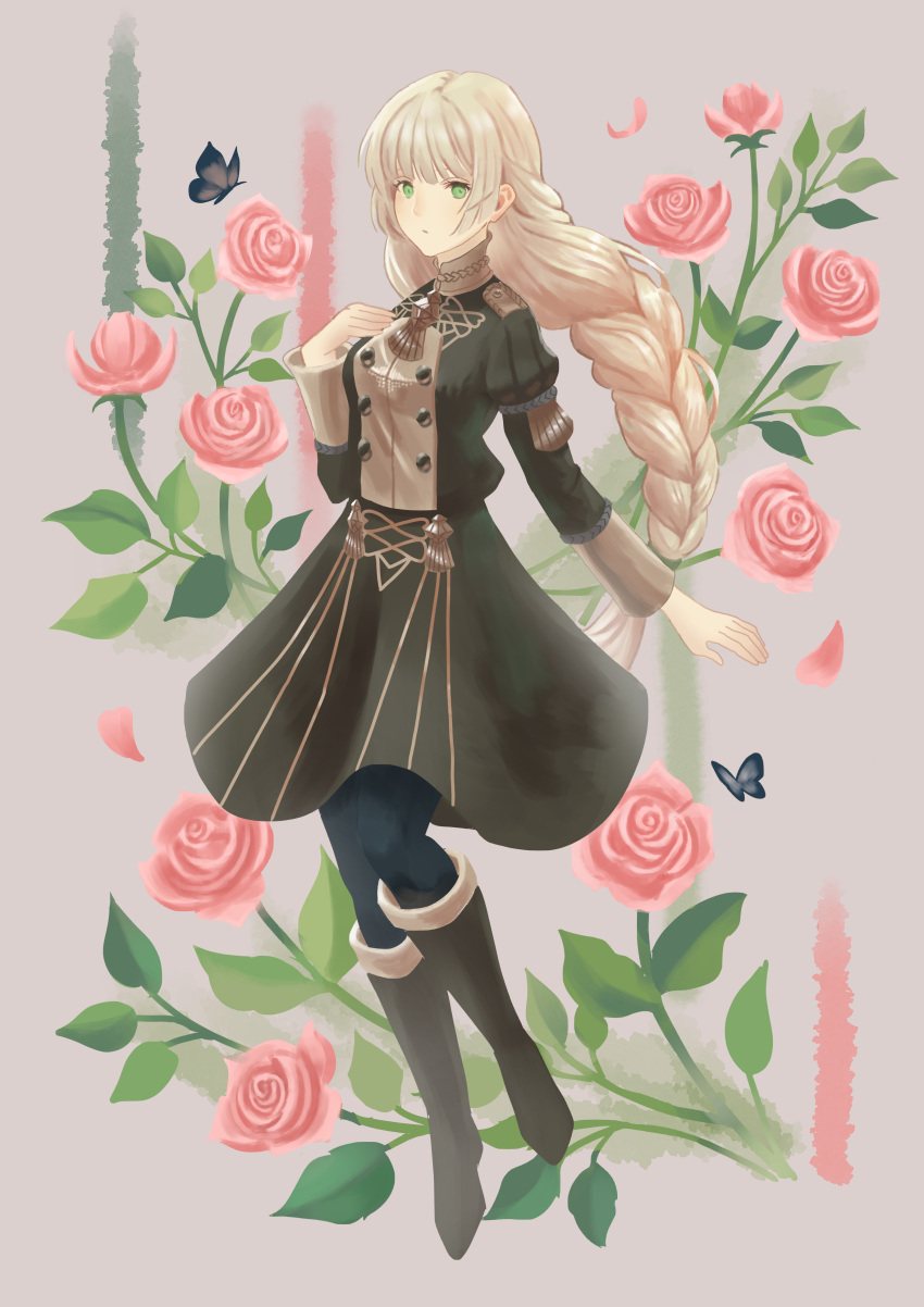 1girl, absurdres, black_butterfly, black_dress, black_footwear, blonde_hair, boots, braid, bug, butterfly, commentary_request, dangouo_ty, dress, fire_emblem, fire_emblem:_three_houses, flower, full_body, fur-trimmed_boots, fur_trim, garreg_mach_monastery_uniform, green_eyes, grey_background, highres, ingrid_brandl_galatea, leaf, long_hair, pink_flower, simple_background, single_braid, solo, standing