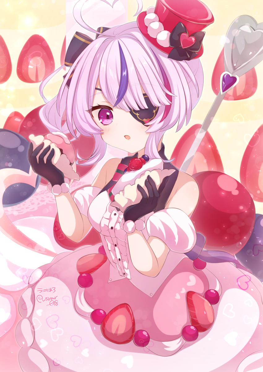 1girl, absurdres, ahoge, back_bow, blush, bow, cake, center_frills