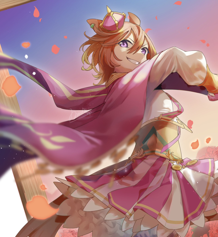 1girl, ahoge, animal_ears, cape, crown, ear_ornament, ear_piercing, from_below, hair_between_eyes, highres, horse_ears, horse_girl, horse_tail, isobee, long_sleeves, looking_at_viewer, mini_crown, orange_hair, orange_tail, piercing, pink_cape, shirt, short_hair, skirt, smile, t.m._opera_o_(umamusume), tail, two-tone_skirt, umamusume, violet_eyes