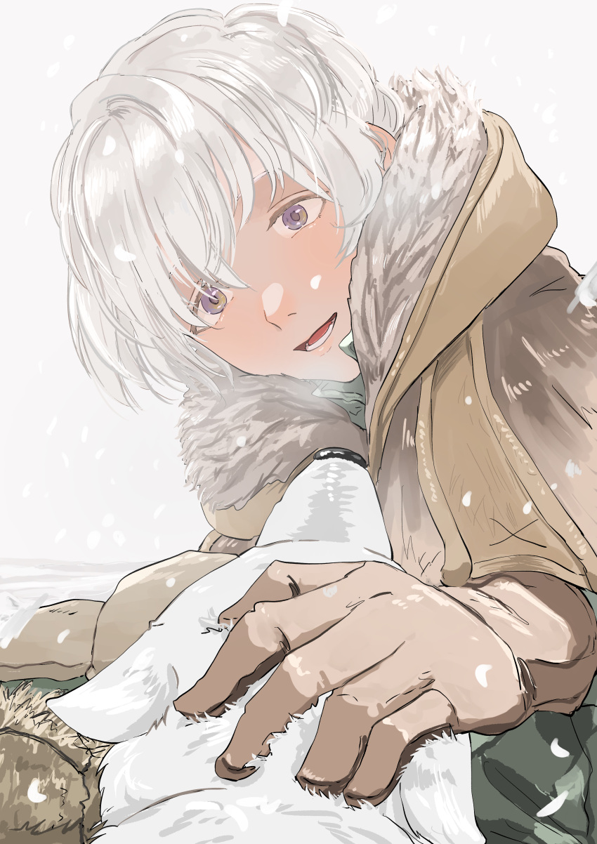 1boy, absurdres, affectionate, blush, breath, brown_coat, brown_gloves, buppii_buru