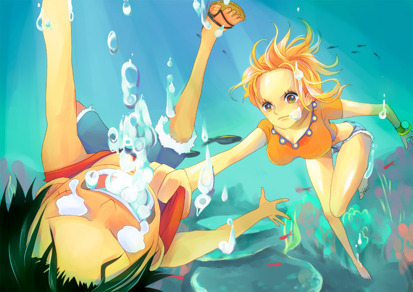 bracelet, brown_eyes, drowning, fish, foreshortening, freediving, himerinco, hot_pants