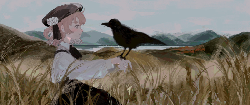 1girl, absurdres, beret, bird, bird_on_hand, black_headwear, black_ribbon, black_skirt