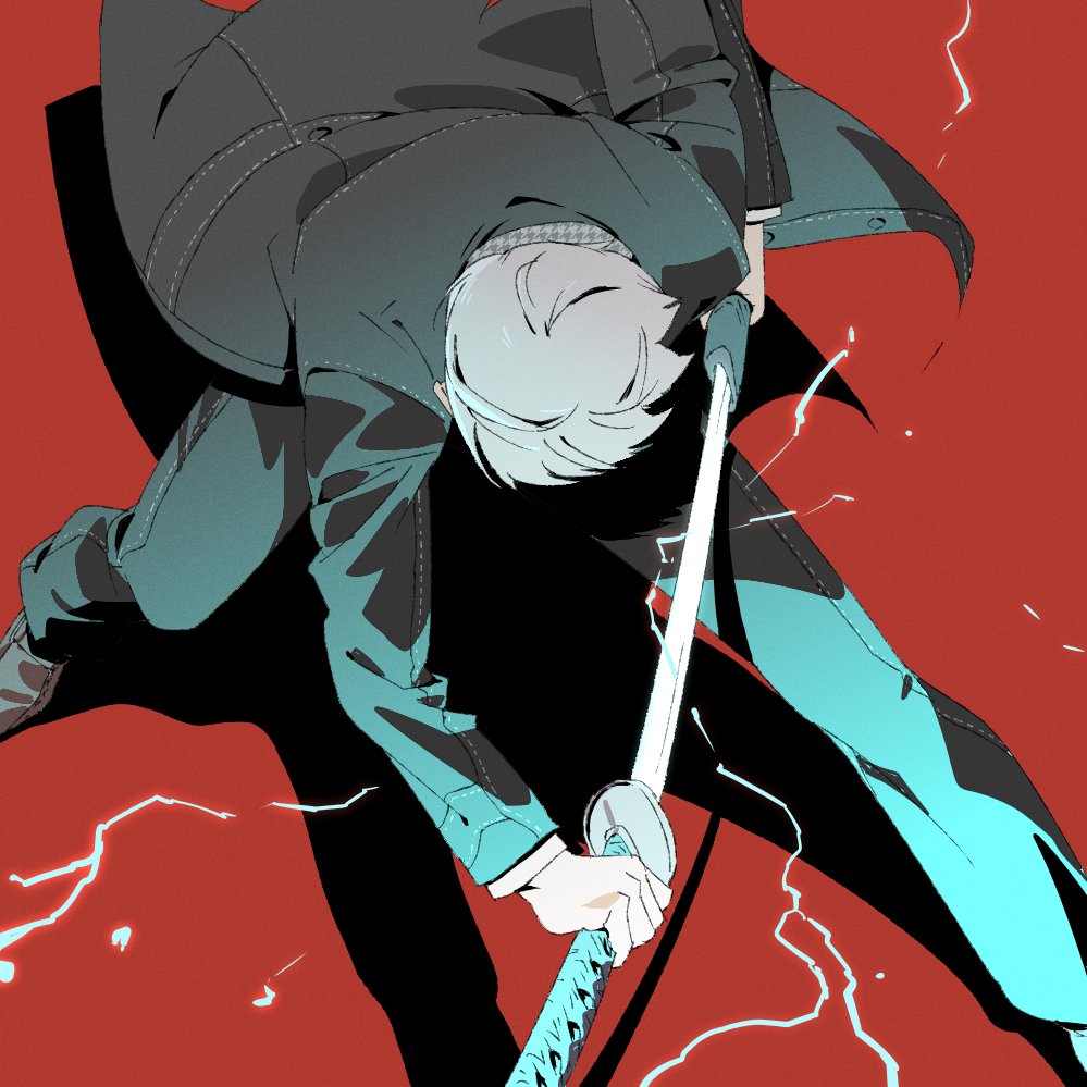 1boy, black_jacket, black_pants, electricity, fighting_stance, from_above, grey_hair, holding