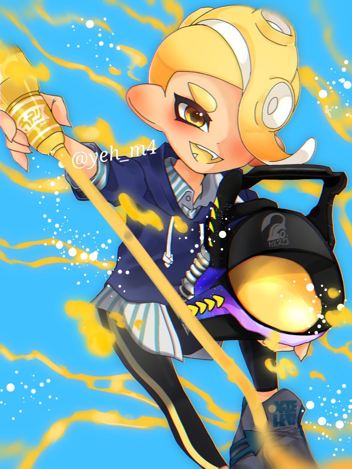 1boy, angle_shooter_(splatoon), artist_name, black_leggings, blonde_hair, blue_background, commentary_request, hair_over_one_eye