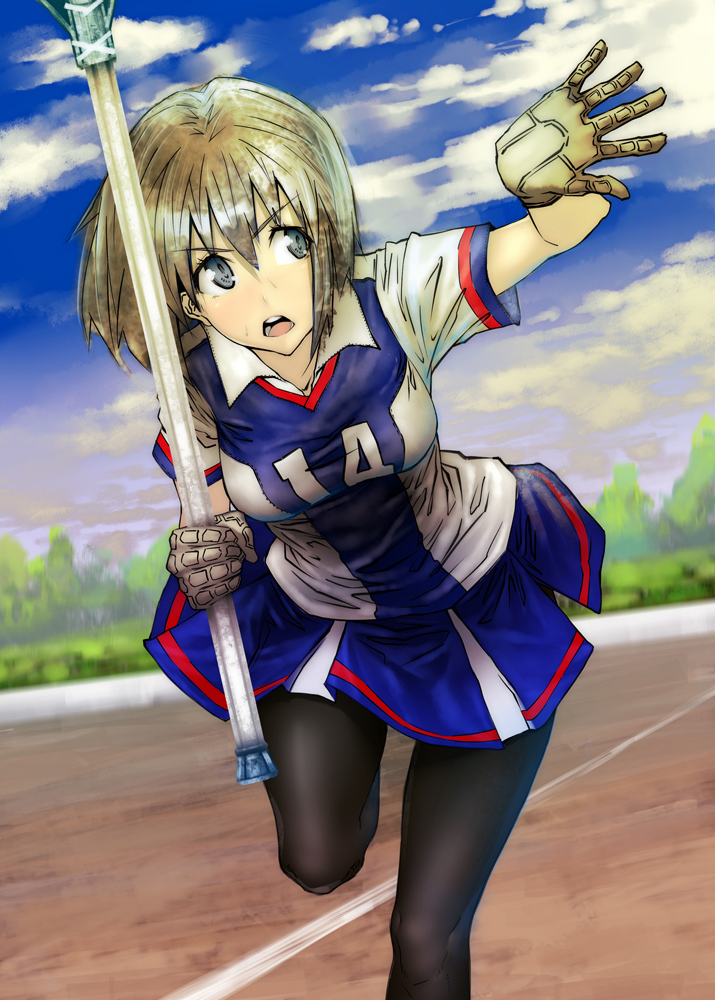 blue_eyes, crosse, eyes, gloves, lacrosse, leggings, nanase_fumi, pantyhose, running, short_hair, silver_hair, skirt, sports_jersey, sportswear, sweat, tobimaru, uniform