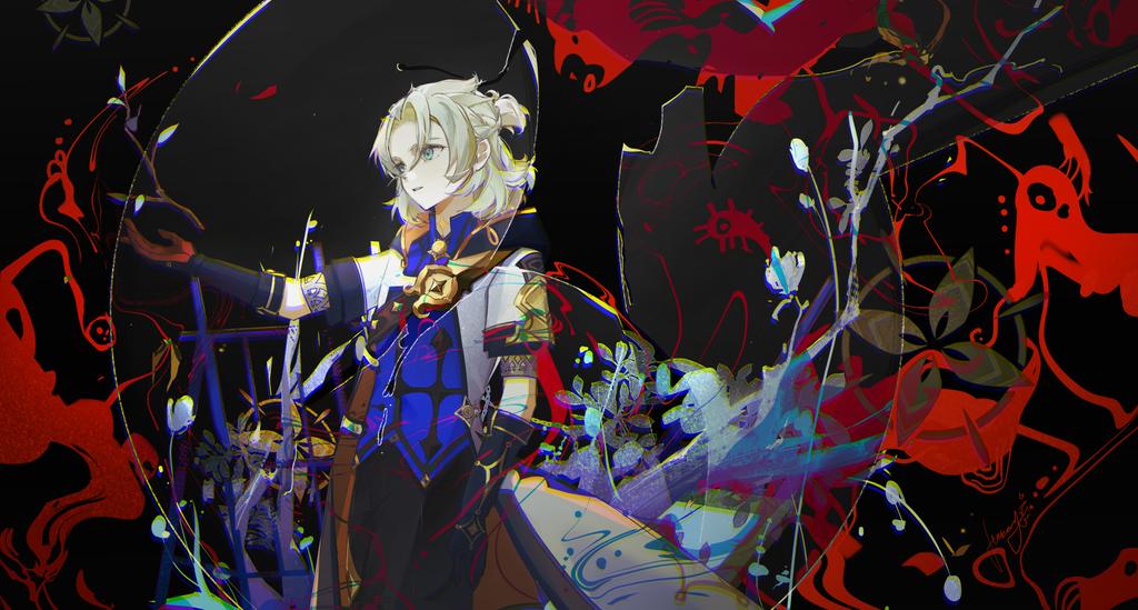 1boy, albedo_(overlord), aqua_eyes, black_background, black_gloves, black_pants, blonde_hair, blue_vest