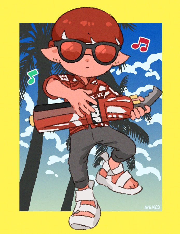 1boy, artist_name, black-framed_eyewear, blue_sky, border, closed_mouth, clouds, dancing, full_body, grey_pants, hawaiian_shirt, hiking_sandals, holding, holding_weapon, inkling, inkling_boy, inkling_player_character, male_focus, musical_note, nekoiktk, outside_border, palm_tree, pants, pointy_ears, red-tinted_eyewear, sandals, shirt, short_hair, sky, solo, splat_brella_(splatoon), splatoon_(series), splatoon_3, standing, standing_on_one_leg, tentacle_hair, tinted_eyewear, tree, weapon, white_footwear, yellow_border