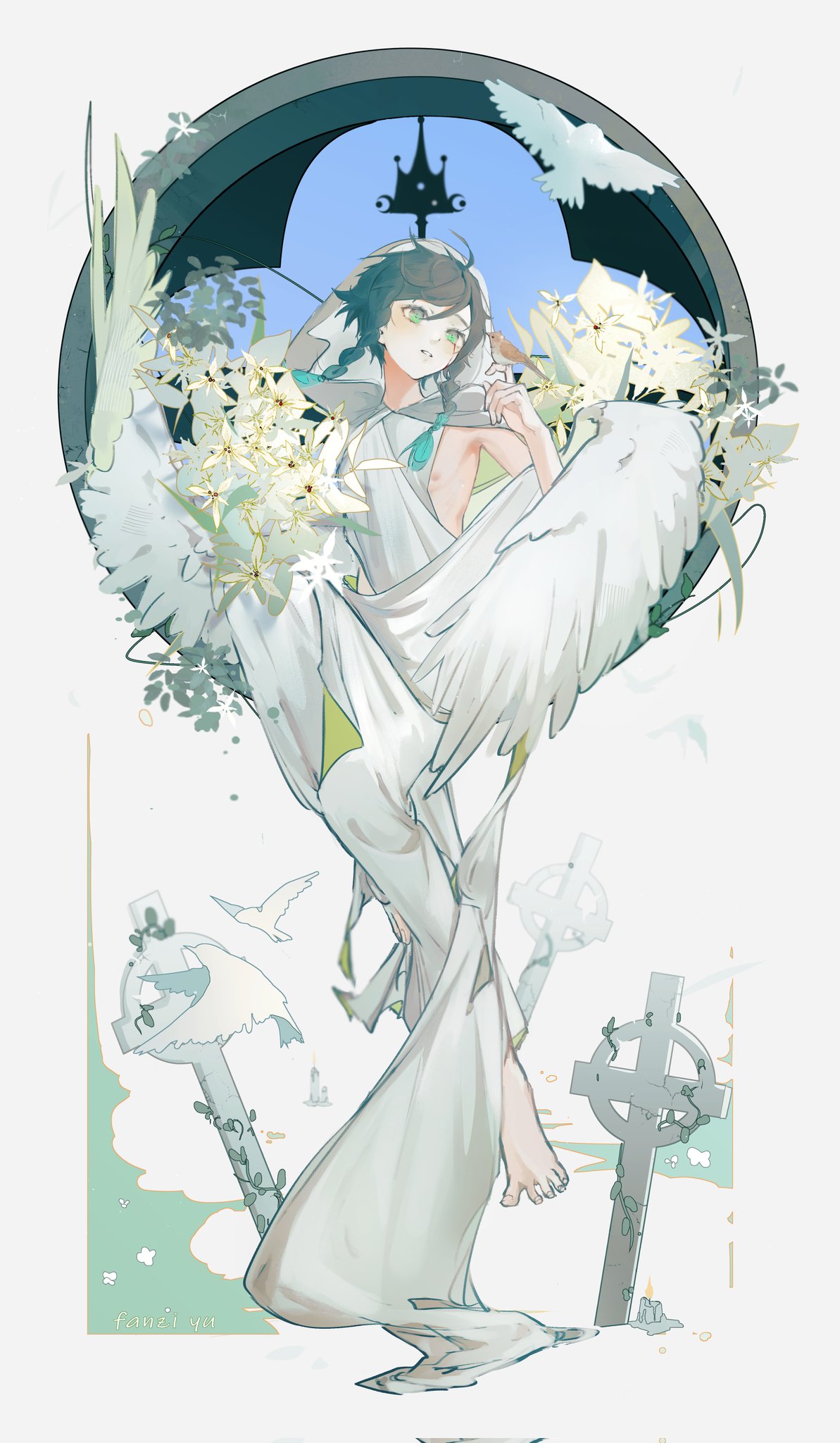 1boy, angel_wings, aqua_hair, barefoot, bird, bird_on_hand, black_hair, braid