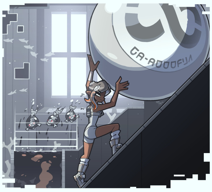 1girl, agent_8_(splatoon), ball, bodysuit, boots, border, brown_hair, closed_eyes