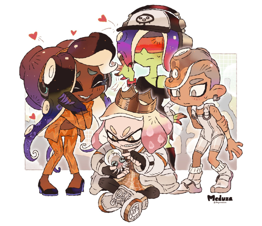 1boy, 3girls, agent_8_(splatoon), arm_behind_back, artist_name, baseball_cap, black_gloves, blonde_hair
