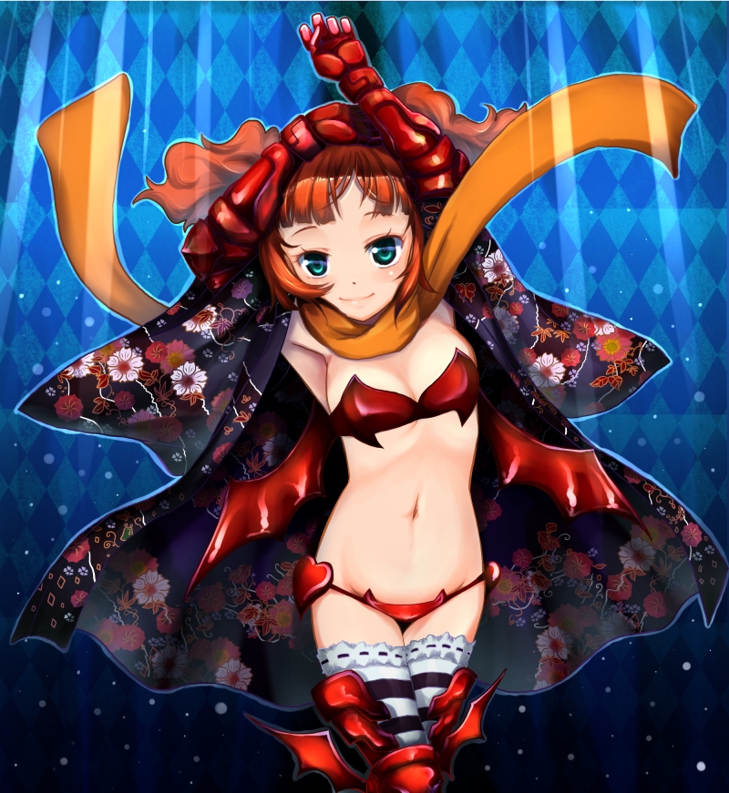 bikini, brown_hair, efyuru, gloves, green_eyes, idolmaster, japanese_clothes, kimono, long_hair, nightmare_blood, scarf, solo, striped, striped_legwear, striped_thighhighs, swimsuit, takatsuki_yayoi, thigh-highs, thighhighs, twintails, wings