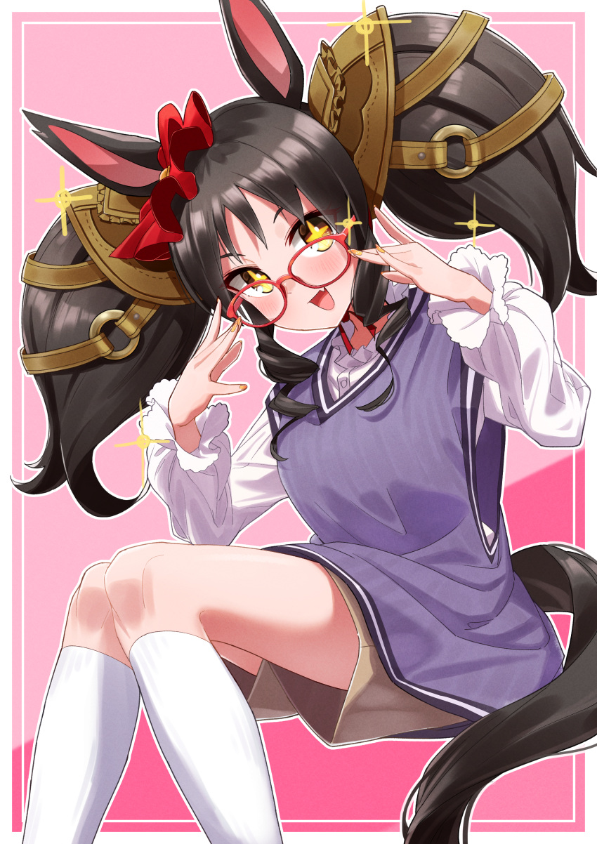 +_+, 1girl, absurdres, animal_ears, bespectacled, black_hair, border, brown_skirt