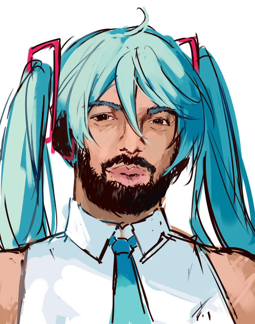 1boy, absurdres, ahoge, aqua_hair, aqua_necktie, beard, borrowed_hairstyle, brown_eyes
