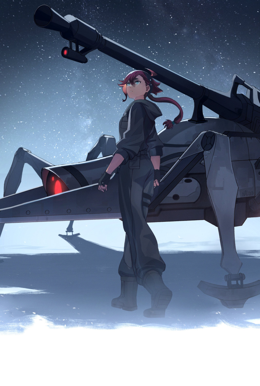 1girl, 86_-eightysix-, absurdres, artist_request, blue_eyes, cannon, commission, crossover, dark-skinned_female, dark_skin, gundam, gundam_suisei_no_majo, highres, looking_up, m1a4_juggernaut, mecha, night, night_sky, ponytail, redhead, robot, sky, solo, star_(sky), suletta_mercury