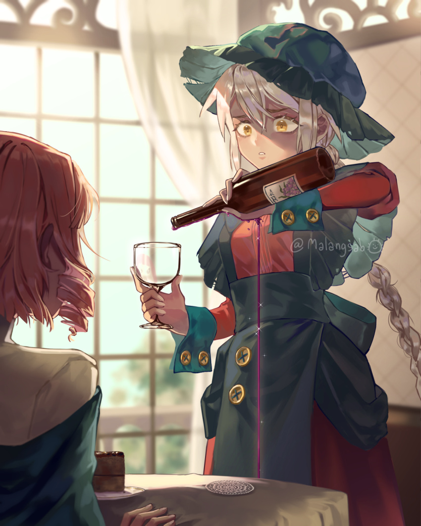 2girls, alcohol, apron, bottle, braid, buttons, commentary, cup