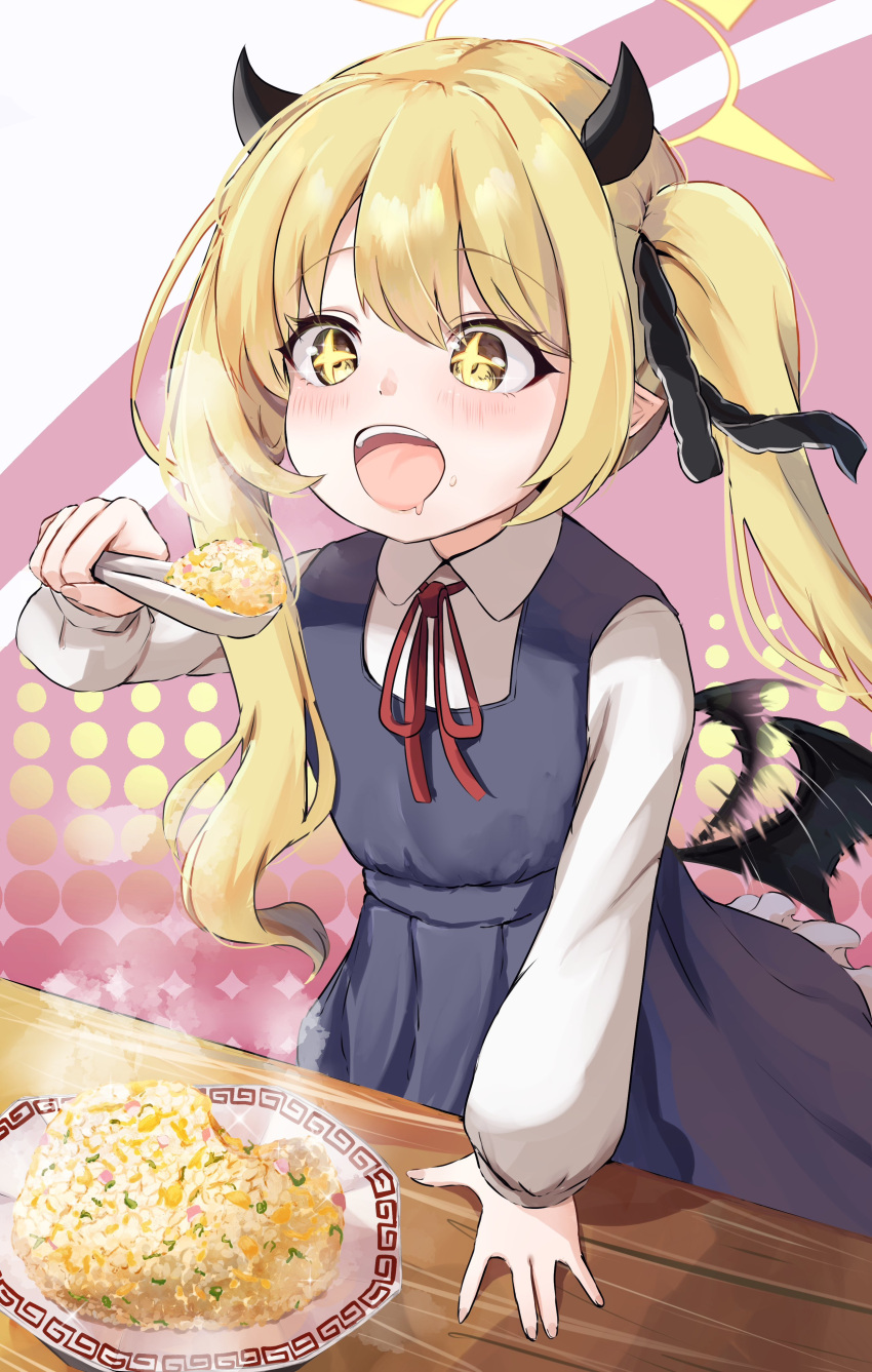+_+, 1girl, absurdres, afterimage, black_horns, blue_archive, blush, commentary_request